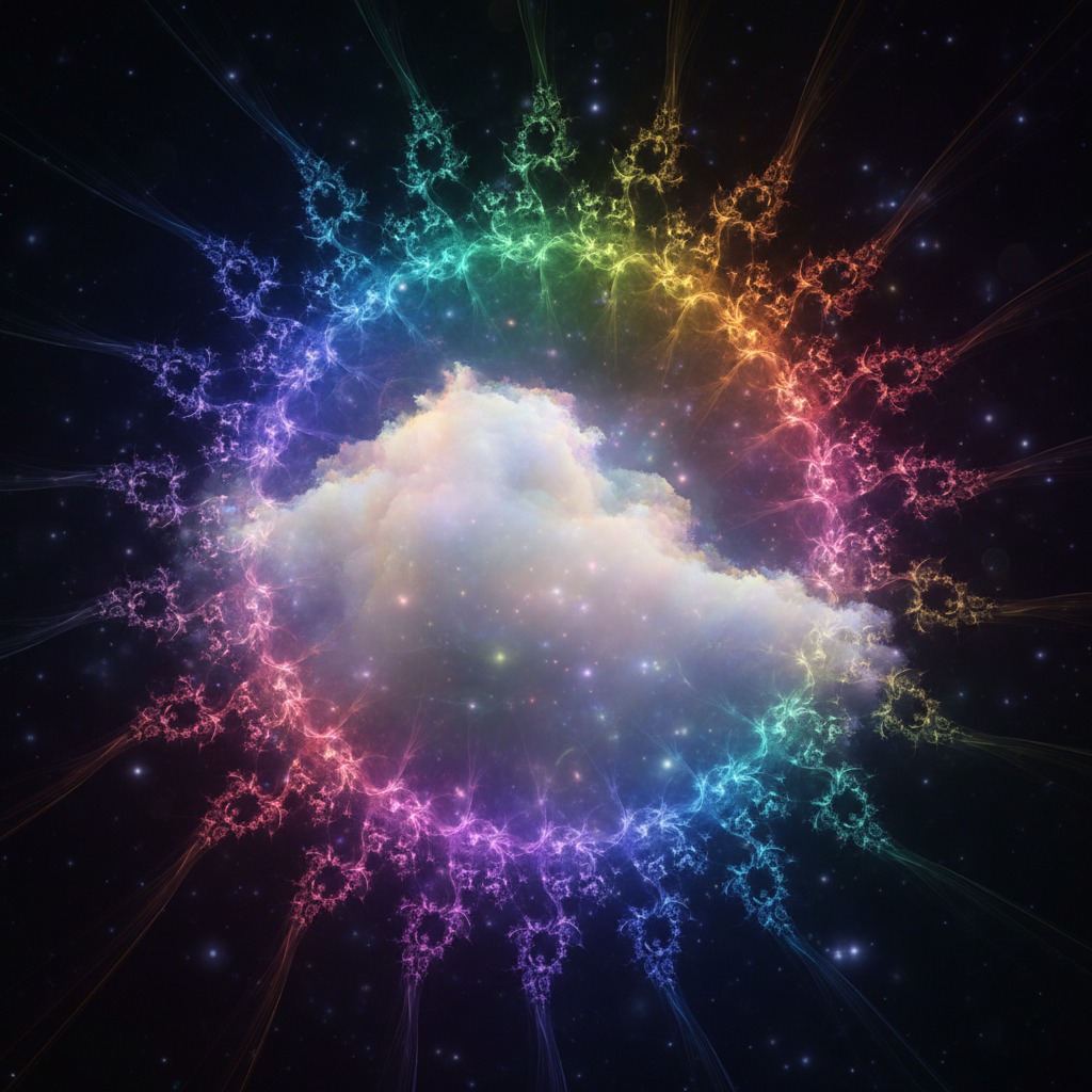 A luminous cloud of star-studded stardust is framed by a vibrant, rainbow-colored fractal ring against a dark, starry background.